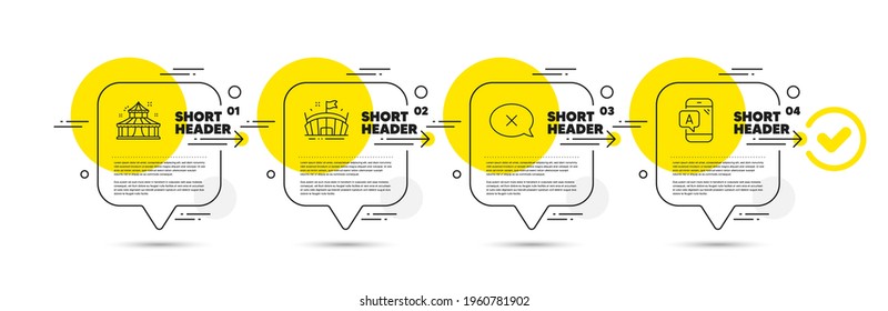 Reject, Circus and Arena line icons set. Timeline infograph speech bubble. Ab testing sign. Delete message, Attraction park, Sport stadium. Phone test. Business set. Vector