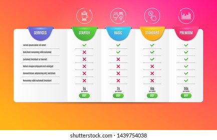 Reject click, Latte coffee and Computer cables icons simple set. Comparison table. Bar diagram sign. Delete button, Hot drink with whipped cream, Rj45 internet. Statistics infochart. Vector