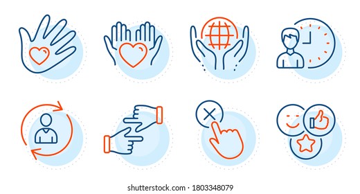 Reject click, Organic tested and Social responsibility signs. Hold heart, Click hands and Person info line icons set. Working hours, Like symbols. Care love, Direction. People set. Vector