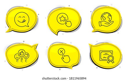 Reject click sign. Diploma certificate, save planet chat bubbles. Like, Yummy smile and Loyalty star line icons set. Social media likes, Emoticon, Bonus reward. Delete button. People set. Vector