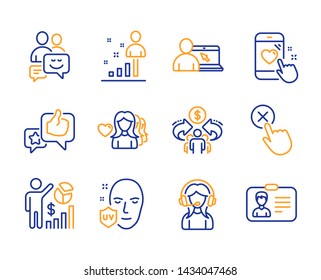 Reject click, Support and Online education icons simple set. Seo statistics, Like and Sharing economy signs. Heart rating, Stats and Woman love symbols. Line reject click icon. Colorful set. Vector