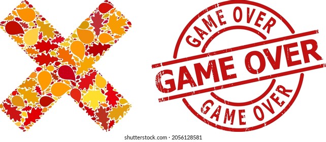 Rechazar el icono de composición cruzada combinado para la temporada de otoño y el sello de GAME OVER. El mosaico cruzado de rechazo vectorial se realiza con hojas de arce y roble de caída aleatoria.