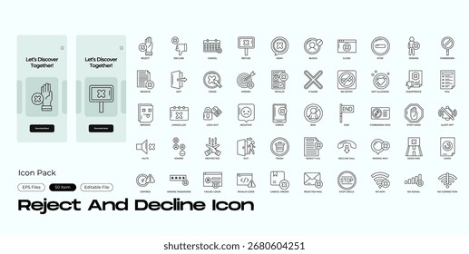 Rechazar y rechazar iconos editables de línea establecidos. Ilustración vectorial en estilo de línea delgada moderna de los iconos de rechazo y declinación: rechazar, rechazar, negar, etc