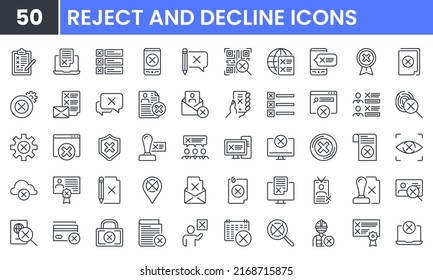 Reject and Decline vector line icon set. Contains linear outline icons like Cancel, Wrong, Close, Delete, Cross, Deny, Remove, X. Editable use and stroke for web.