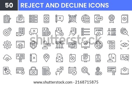 Reject and Decline vector line icon set. Contains linear outline icons like Cancel, Wrong, Close, Delete, Cross, Deny, Remove, X. Editable use and stroke for web.