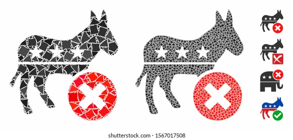 Reject democrat donkey composition of unequal pieces in various sizes and color hues, based on reject democrat donkey icon. Vector unequal elements are combined into composition.