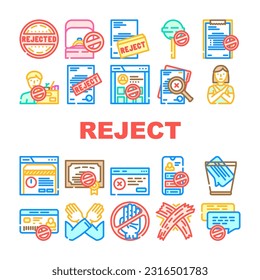 reject deny document cancel icons set vector. business stamp, man negative, x hand, wrong delete, cros, decline, approve seal reject deny document cancel color line illustrations