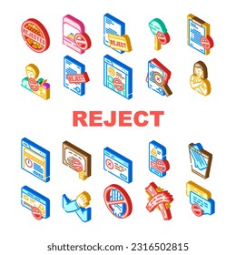 reject deny document cancel icons set vector. business stamp, man negative, x hand, wrong delete, cros, decline, approve seal reject deny document cancel isometric sign illustrations