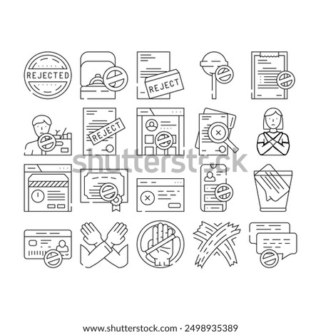 reject deny document cancel icons set vector. business stamp, man negative, x hand, wrong delete, cros, decline, approve seal reject deny document cancel black contour illustrations