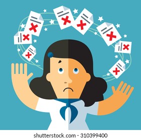 Reject dizziness. Papers with X-mark floating around a persons head.  Flat vector business illustration.