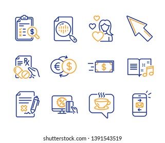 Reject file, Analytics chart and Online shopping icons simple set. Coffee, Accounting report and Love signs. Money exchange, Music book and Money transfer symbols. Line reject file icon. Colorful set