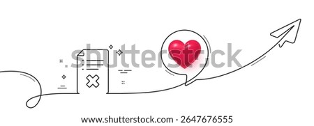 Reject file line icon. Continuous line with share plane. Decline document sign. Delete file. 3d heart in speech bubble. Reject file single line ribbon. Loop curve pattern. Vector