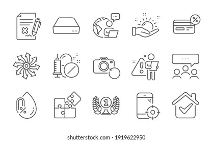 Reject file, Medical drugs and Mini pc line icons set. Sunny weather, No alcohol and Laureate award signs. Cashback, Meeting and Seo phone symbols. Puzzle, Recovery photo and Versatile. Vector