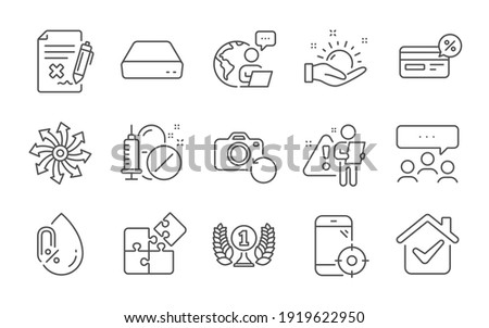 Reject file, Medical drugs and Mini pc line icons set. Sunny weather, No alcohol and Laureate award signs. Cashback, Meeting and Seo phone symbols. Puzzle, Recovery photo and Versatile. Vector