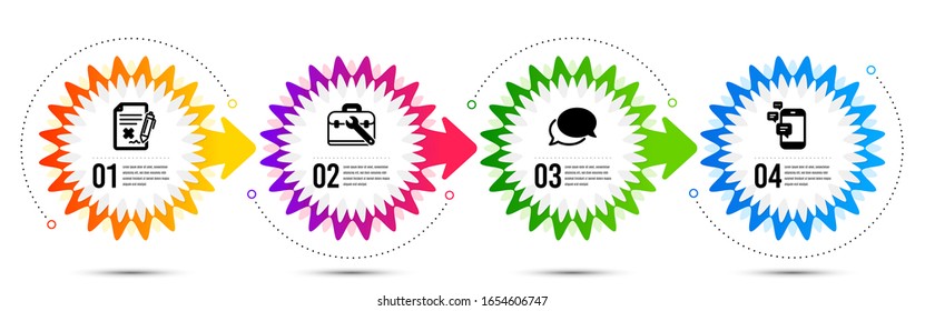 Reject file, Messenger and Tool case icons simple set. Timeline steps infographic. Communication sign. Decline agreement, Speech bubble, Repair service. Smartphone messages. Business set. Vector
