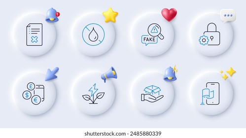 Reject file, No waterproof and Location app line icons. Buttons with 3d bell, chat speech, cursor. Pack of Eco power, Fake news, Currency rate icon. Hold box, Lock pictogram. Vector