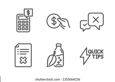 Reject File, Payment And Calculator Icons Simple Set. Reject, Water Bottle And Quickstart Guide Signs. Decline Agreement, Usd Coin. Business Set. Line Reject File Icon. Editable Stroke. Vector