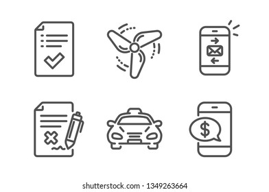 Reject file, Taxi and Mail icons simple set. Wind energy, Approved checklist and Phone payment signs. Decline agreement, Public transportation. Technology set. Line reject file icon. Editable stroke