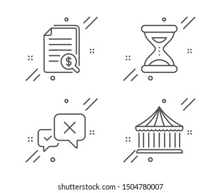 Reject, Financial documents and Time line icons set. Carousels sign. Delete message, Check docs, Clock. Attraction park. Business set. Line reject outline icon. Vector