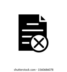 icône de rejet de formulaire en noir et plat, icône de document de refus, illustration à plat de l'icône vectorielle du fichier de document refusée, symbole de refus de document