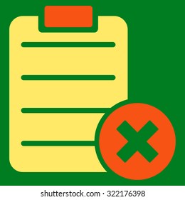 Reject Form vector icon. Style is bicolor flat symbol, orange and yellow colors, rounded angles, green background.