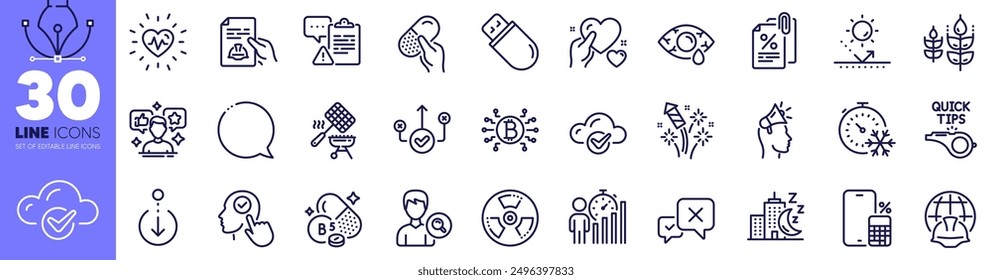 Reject, Freezing timer and Global engineering line icons pack. Brand ambassador, Cloud computing, Phone calculator web icon. Night city, Business statistics, Heartbeat pictogram. Vector