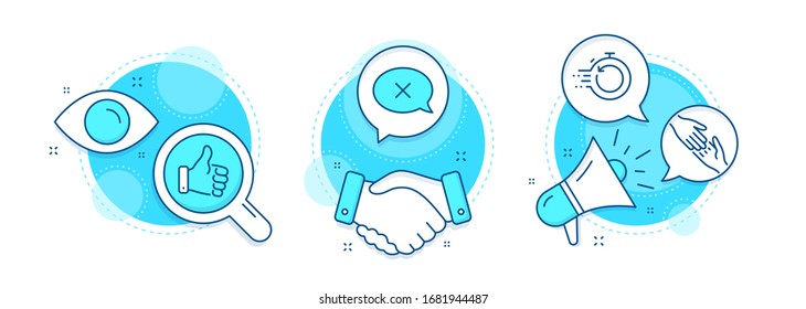 Reject, Helping hand and Like hand line icons set. Handshake deal, research and promotion complex icons. Fast recovery sign. Delete message, Give gesture, Thumbs up. Backup timer. Business set. Vector