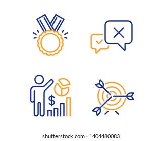Reject, Honor and Seo statistics icons simple set. Target sign. Delete message, Medal, Analytics chart. Targeting. Business set. Linear reject icon. Colorful design set. Vector