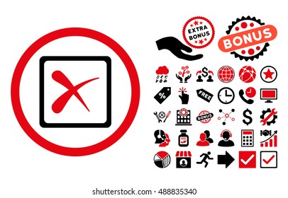 Reject icon with bonus pictogram. Vector illustration style is flat iconic bicolor symbols, intensive red and black colors, white background.