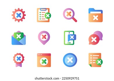 Reject icons set in color flat design. Pack of error gear, stop list, error search, close file, letter, wrong message, negative chat bubble and other. Vector pictograms for web sites and mobile app