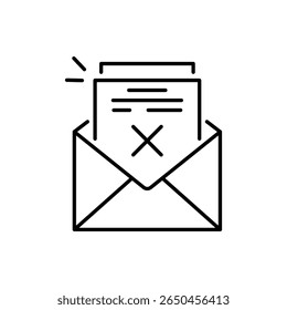 Icono Rechazar línea de letra. Signo de correo del Borrar. Rechazar mensaje. Fondo de ilustración de línea mínima. Rechazar Anuncio de patrón de icono de línea de letra. Concepto de Plantilla de Web blanco. Vector