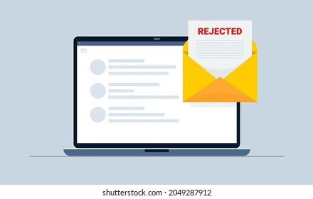 Reject letter. Open document on laptop screen. Negative answer in college, university or at work. Vector