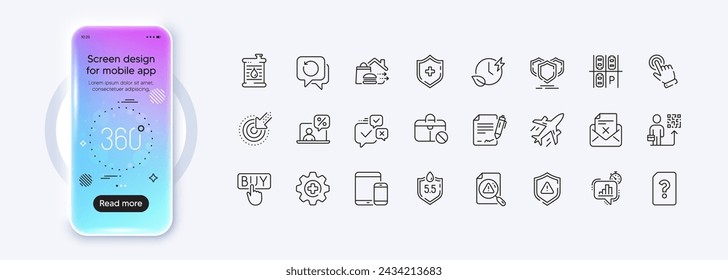 Reject letter, Unknown file and Statistics timer line icons for web app. Phone mockup gradient screen. Pack of Leadership, Search document, Ph neutral pictogram icons. Vector