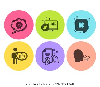Reject, Like and Web system icons simple set. Cogwheel, Certificate and Breathing exercise signs. Delete message, Thumbs up. Technology set. Flat reject icon. Circle button. Vector