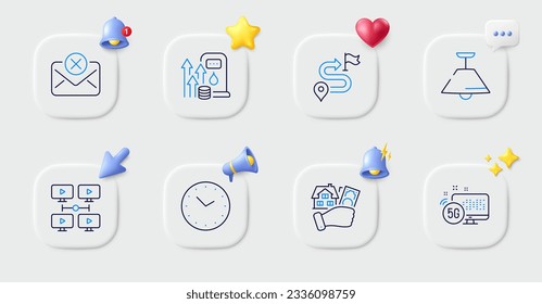 Rechazar el correo, los iconos de línea de Internet Time y 5g. Botones con timbre 3d, discurso de chat, cursor. Paquete de lámpara de techo, videoconferencia, icono de viaje. Precio del combustible, pictograma de la casa compradora. Vector