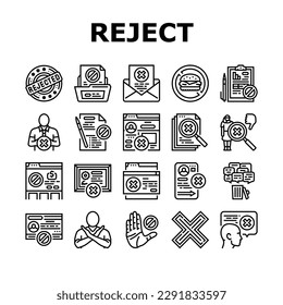 reject man stop stamp cancel icons set vector. business person, negative hand, deny concept, people decline, document red x reject man stop stamp cancel black contour illustrations