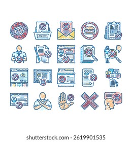 reject man stop stamp cancel doodle icons set vector. business person, negative hand, deny concept, people decline, document red x reject man stop stamp cancel sketch hand drawn