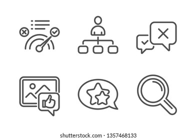 Reject, Management and Like photo icons simple set. Correct answer, Star and Research signs. Delete message, Agent. Technology set. Line reject icon. Editable stroke. Vector