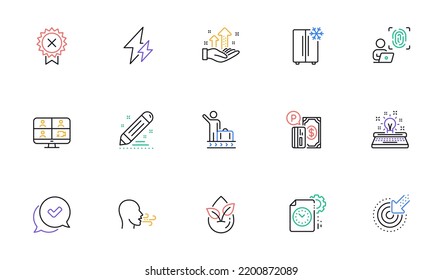 Reject medal, Approved and Analysis graph line icons for website, printing. Collection of Brand contract, Typewriter, Breathing exercise icons. Computer fingerprint, Targeting. Vector