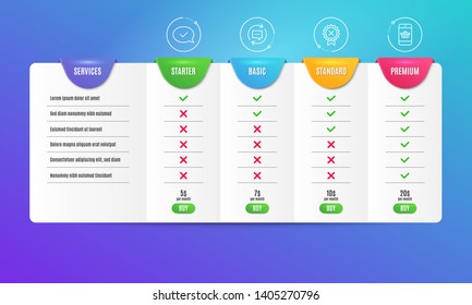 Reject medal, Approved message and Update comments icons simple set. Comparison table. Smartphone buying sign. Award rejection, Accepted chat, Chat speech bubble. Website shopping. Vector