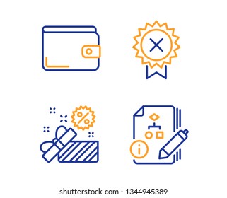 Reject medal, Sale and Money wallet icons simple set. Algorithm sign. Award rejection, Gift box, Payment method. Project. Business set. Linear reject medal icon. Colorful design set. Vector