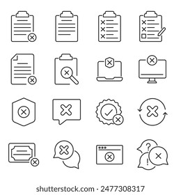 Reject, mistake, wrong, close or refuse editable stroke outline icons set isolated on white background