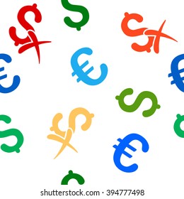 Reject Money vector repeatable pattern with dollar and euro currency symbols. Style is flat colored icons on a white background.