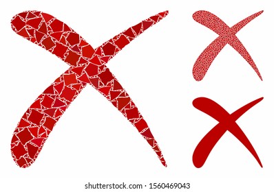 Reject mosaic of ragged pieces in different sizes and color hues, based on reject icon. Vector humpy pieces are united into collage. Reject icons collage with dotted pattern.