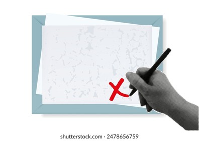 Reject, negative result, document verification. A woman's hand puts a cross on a business form. Refusal, claim, cancel project, error, negative visa. Wrong test, failure. Contemporary collage art.
