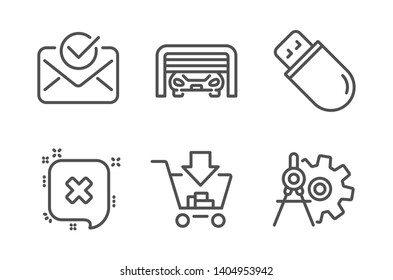 Reject, Parking garage and Shopping icons simple set. Usb stick, Approved mail and Cogwheel dividers signs. Delete message, Automatic door. Technology set. Line reject icon. Editable stroke. Vector