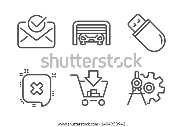 Reject, Parking garage and Shopping icons simple\
set. Usb stick, Approved mail and Cogwheel dividers signs. Delete\
message, Automatic door. Technology set. Line reject icon. Editable\
stroke. Vector