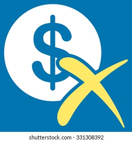 Reject Payment vector icon. Style is flat bicolor yellow and white symbol, rounded angles, blue background.