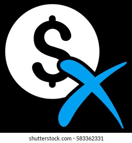 Reject Payment vector pictogram. Illustration style is a flat iconic bicolor blue and white symbol on black background.