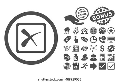 Reject pictograph with bonus icon set. Vector illustration style is flat iconic symbols, gray color, white background.